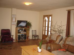 a living room with two couches and a tv at Pensiunea Nicky in Oeștii Ungureni