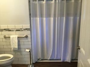 a bathroom with a shower curtain and a toilet at The Ocean Bay House in Bay Shore
