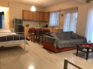 sala de estar con sofá y cocina en Διαμέρισμα 65 τμ στην καρδιά της πόλης, en Tripolis