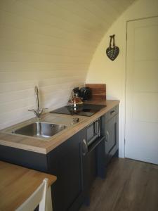 a kitchen with a sink and a counter top at Tomatin Glamping Pods in Inverness