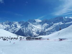 a group of people skiing on a snow covered mountain at Appartamento Presanella in Passo del Tonale