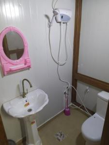 y baño con lavabo, espejo y aseo. en Success Hostel, en Nablus