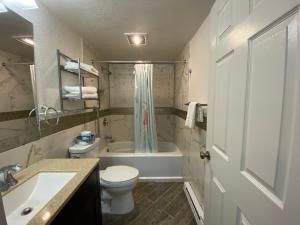 a bathroom with a toilet and a sink and a tub at Motel West in Bend