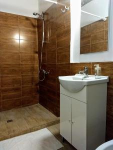 a bathroom with a sink and a shower at Casa Marta in Bărcuţ +89 photos