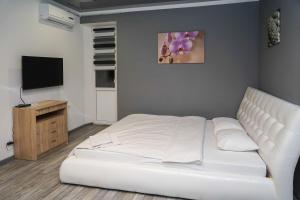 een slaapkamer met een wit bed en een televisie bij Cozy apartment in a new building close to the downtown in Kiev