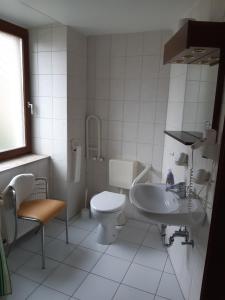 a white bathroom with a toilet and a sink at Landhaus Hohenroda in Hohenroda