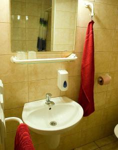 a bathroom with a sink and a red towel at Penzion Siesta in Vráble