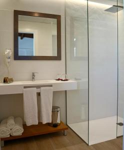 uma casa de banho com um lavatório e uma cabina de duche em vidro. em Hotel Nande em Nieves