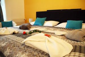 Una cama con toallas y rosas. en Penzion Alfa Poděbrady en Poděbrady