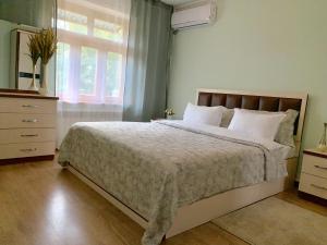 Un dormitorio con una cama grande y una ventana en Samarkand Apartment, en Samarkand