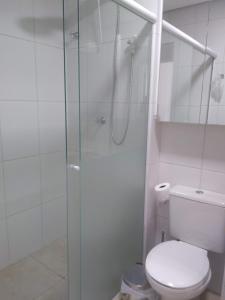 La salle de bains est pourvue de toilettes et d'une douche en verre. dans l'établissement Ap Tia Dete Cachoeira, à Florianópolis