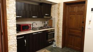 a small kitchen with a microwave and a sink at GREEN VIEW in Sinaia