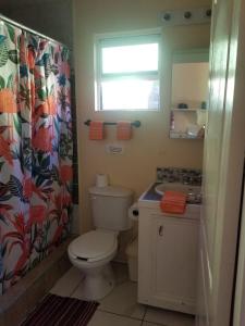 a bathroom with a toilet and a sink and a window at Barefoot Beach Belize in Caye Caulker