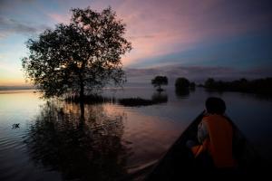 a person in a boat on a river at sunset at Baan​ Tonlamphu​ Pakpra in Phatthalung