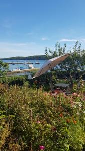 une table et une chaise avec un parasol à côté de l'eau dans l'établissement Apartments Antica, à Rab