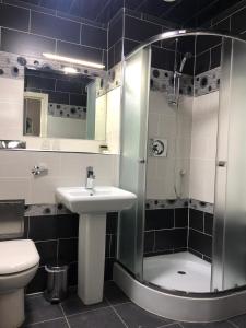 a bathroom with a shower and a sink and a toilet at The Birmingham Hotel in Birmingham