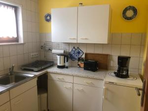 una piccola cucina con armadi bianchi e lavandino di Am Tor zur Sächsischen Schweiz a Lohmen