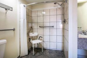 a bathroom with a shower with a chair in it at Super 8 by Wyndham Ft Stockton in Fort Stockton +63 photos