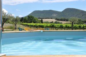 a swimming pool with a view of a vineyard and mountains at Un petit coin de paradis in Le Péage
