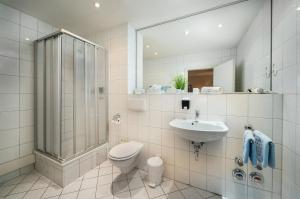 a bathroom with a shower and a toilet and a sink at Sunibel Inn in Reinheim