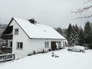 a white house with a car in the snow at Ferienwohnung Birgit in Winterberg