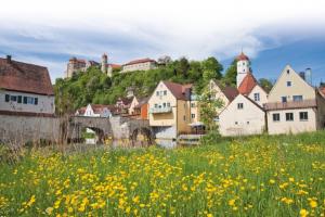 une ville avec un champ de fleurs au premier plan dans l'établissement Hotel Gasthof zum Goldenen Lamm, à Harbourg 56 autres photos