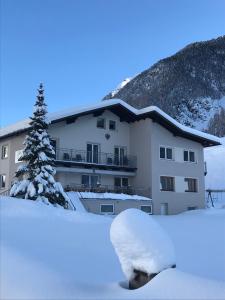 a building covered in snow with a tree in front at Apart Tyrol in Umhausen