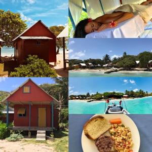 eine Collage mit Bildern eines Resorts und einem Teller mit Essen in der Unterkunft Sunrise Paradise/Carlito´s Place in Corn Island