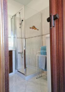 a shower with a glass door in a bathroom at Edificio Lavadeiras in Olhão