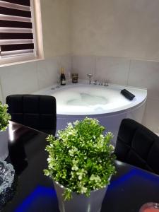 ein Badezimmer mit einer Badewanne mit 2 Stühlen und einem Tisch in der Unterkunft Apartmani Venera in Belgrad