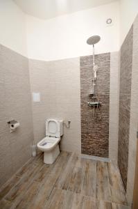 a bathroom with a toilet and a shower at Apartmány Mojžitov dvor in Lučenec