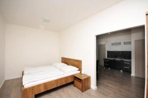 a white room with a bed and a television at Apartmány Mojžitov dvor in Lučenec