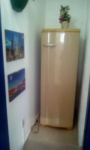a refrigerator in a corner with a potted plant on top at Apartamento Da Praça in Arraial do Cabo