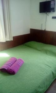 a green bed with a purple pillow on it at Apartamento Da Praça in Arraial do Cabo