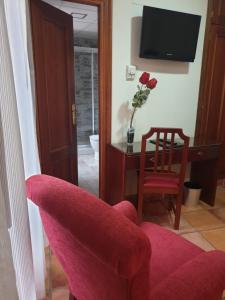 a room with a chair and a table with a vase of flowers at Las Nieves in Granada