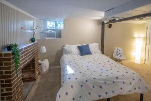 a bedroom with a bed with blue pillows at 3BD HOME Downtown SLC - Hot Tub - SAUNA-fast wifi in Salt Lake City