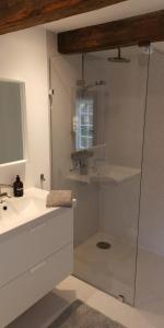 a bathroom with a glass shower and a sink at Løðupakkhúsið - Historical Warehouse - Mid Floor in Sørvágur