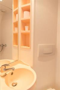 a white bathroom with a sink and a mirror at HOTEL DU CYGNE DE LA CROIX BLANCHE in Lailly-en-Val