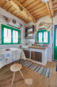 cocina con ventanas verdes y suelo de madera en Casa Glod, en Glod