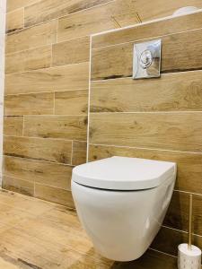 a white toilet in a bathroom with a wooden wall at "Une Pause au Vert" Studio 2 personnes in Châteauvieux
