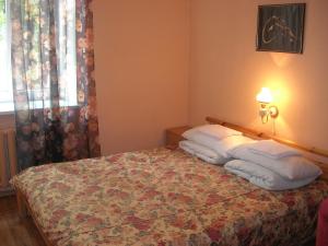 1 dormitorio con cama con almohadas y ventana en Central Park Rooms, en Riga