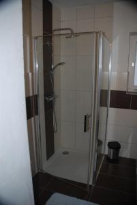 a shower with a glass door in a bathroom at Weinberg-Panoramaferienhaus in Kitzeck im Sausal +51 photos