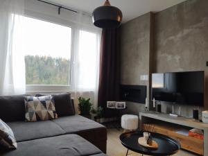 a living room with a couch and a large window at Stylový apartmán přímo u lanovky, vlastní garážové stání in Janske Lazne