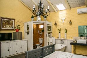 a bathroom with a sink and a toilet and a chandelier at Somerset Stables in Graaff-Reinet