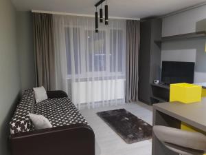 a living room with a couch and a television at Travel Homzzz Central Apartments - Piata Trandafirilor in Târgu-Mureş
