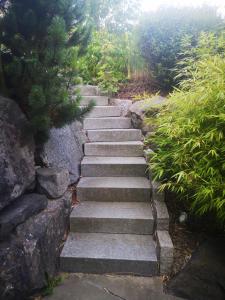 um conjunto de escadas de pedra num jardim em Gästezimmer Ahornweg em Villingendorf