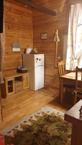 eine Küche mit einem Kühlschrank und einem Tisch im Zimmer in der Unterkunft Jurmala's Center Eco House in Jūrmala