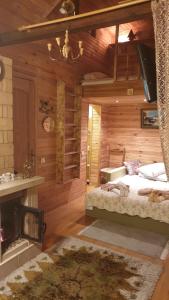 a bedroom with a bed and a fireplace and a television at Jurmala's Center Eco House in Jūrmala