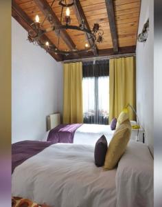 1 dormitorio con 2 camas y techo de madera en El Mirador del Cañon, en Ucero