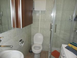 uma casa de banho com um chuveiro, um WC e um lavatório. em Autokomanda em Belgrado